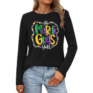 LAZYCHILD Mardi Gras Shirt for Women: Fat Tuesday Shirts Mardi Gras Long Sleeve New Orleans Carnival Party Tops, L