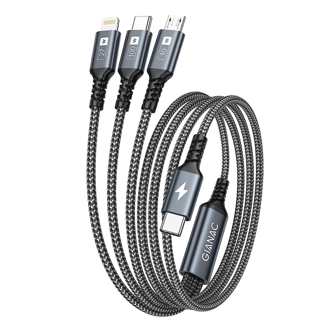 100W USB C Multi Charging Cable [1.2M] 3 in 1 Charging Cable with E-Mark Chip, USB C [100W]+Lightning[27W]+Micro[10W] for iPad Pro, iPad mini, MacBook Pro/Air/iPhone14 13 12 11