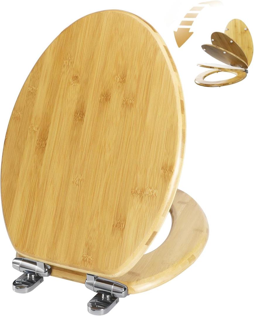 Elongated Bamboo Toilet Seat with Lid Quick Release Slow Close Zinc Alloy Strong Hinges Natural Bamboo, Light, 19-inch