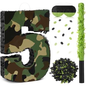 Camo Number Piñata Decorations 16 Inch Camo Birthday Party Piñata with Blindfold Stick and Confetti Set for Military Birthday Army Hunting Party Supplies Game Props(Number 5)