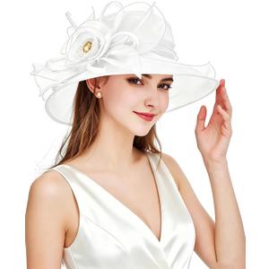 Women Derby Fascinator Hat Organza Church Wedding Hats Wide Brim Cocktail Tea Party Hat (White, S)