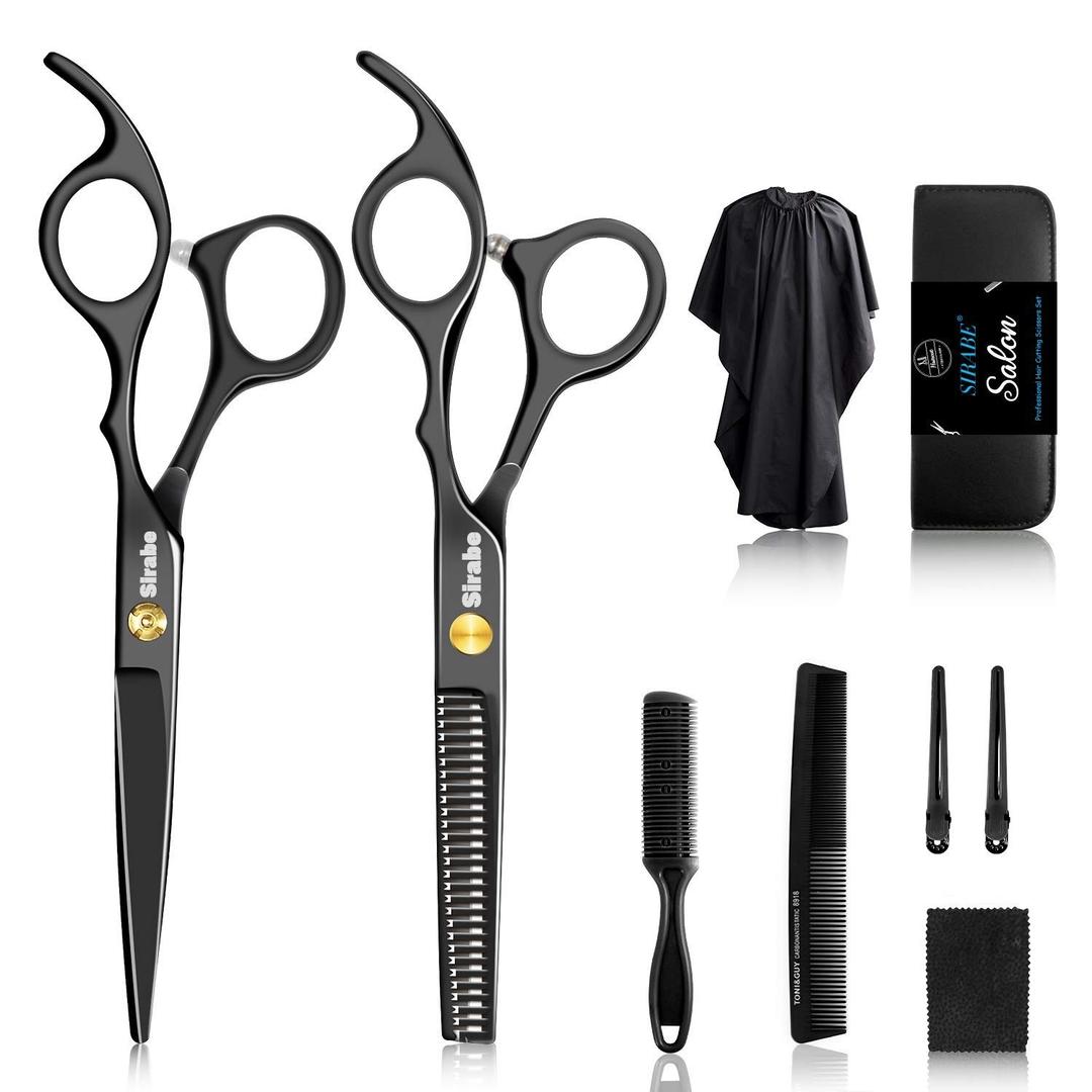 Sirabe 10 PCS Hair Cutting Scissors Set, Professional Haircut Scissors Kit with Cutting Scissors, Thinning Shears, Comb, Cape, Clips, Black Hairdressing Texturizing Shears Set for Barber, Salon, Home