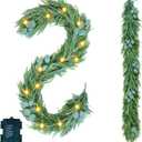 Norfolk Pine Garland with Lights, 6 Ft Faux Garlands with Eucalyptus Leaves Christmas Greenery Garland for Mantel Stairs Railing Table Indoor Outdoor Christmas Holiday Decor (1 PCS)