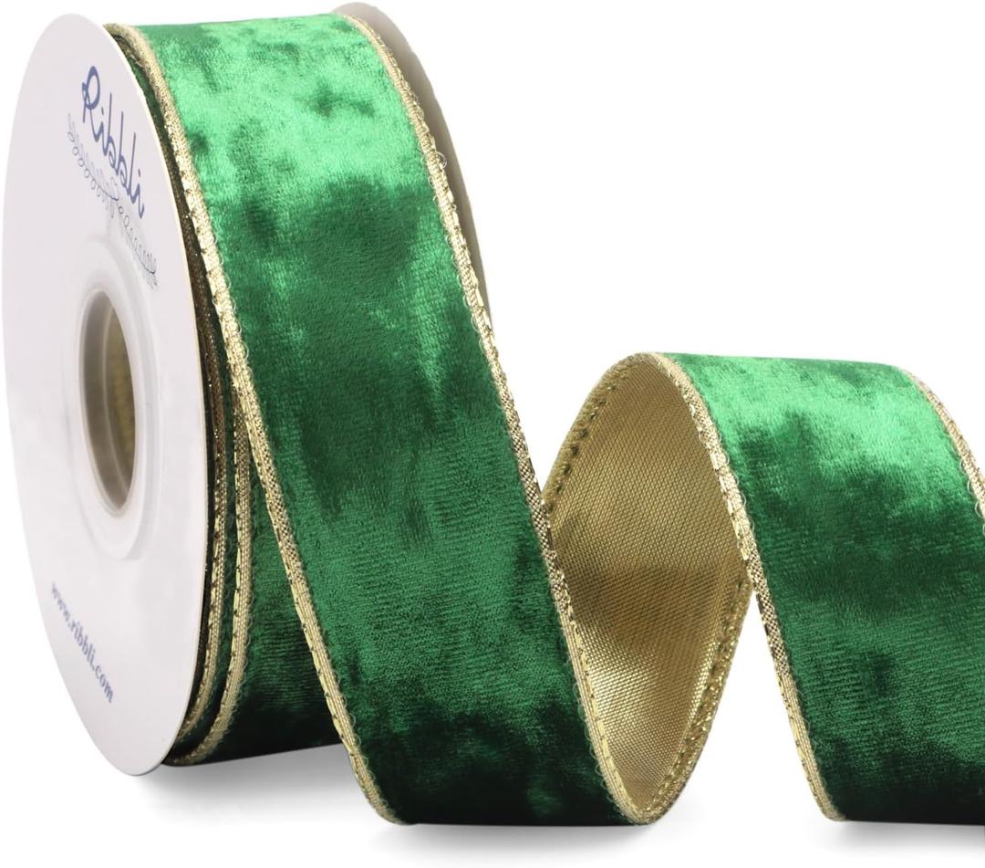 Ribbli Emerald Green Velvet Wired Ribbon 1.5 Inch Metallic Green Crushed Velvet Christmas Ribbon for Gift Wrapping Christmas Tree Decoration Crafts Wreaths Supplies-Continuous 10 Yards