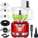 Homtone 16 Cup Food Processor, 6 Preset Modes& Stepless Speed Control for Dough Kneading, Meat Chopping, Slicing, Shredding, French Fries Potato Cuting, Cheese Grating& Whipping Cream, 650W, Red