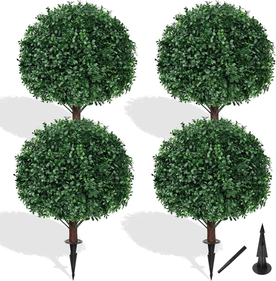 Grooy Artificial Boxwood Topiary Ball Tree with Ground Spike, Set of 4 Artificial Shrub Bushes, Fake Evergreen Tree for Porch, Artificial Plants for Outdoor Planters Indoor UV Resistant