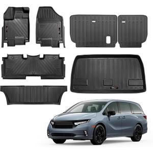 for 2018-2025 2026 Honda Odyssey Mini Passenger Van Floor Mats 3Rows and Cargo Trunk Liner Backrest Mat All Weather TPE Rubber Protection Mat Black (Floor Mats 3 Rows+Cargo Liner+Backrest Mat)