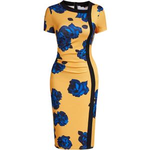 Viwenni Women Vintage Ruffle Business Colorblock Work Church Pencil Dress (Large, 11-blue Floral)