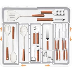 Homecor Utensil Drawer Organizer, Large Expandable Silverware Organizer for Kitchen Drawer, Cooking Utensils Tray Cutlery Flatware Holder with Removable Knife Blocks, Kitchen Gadgets Storage