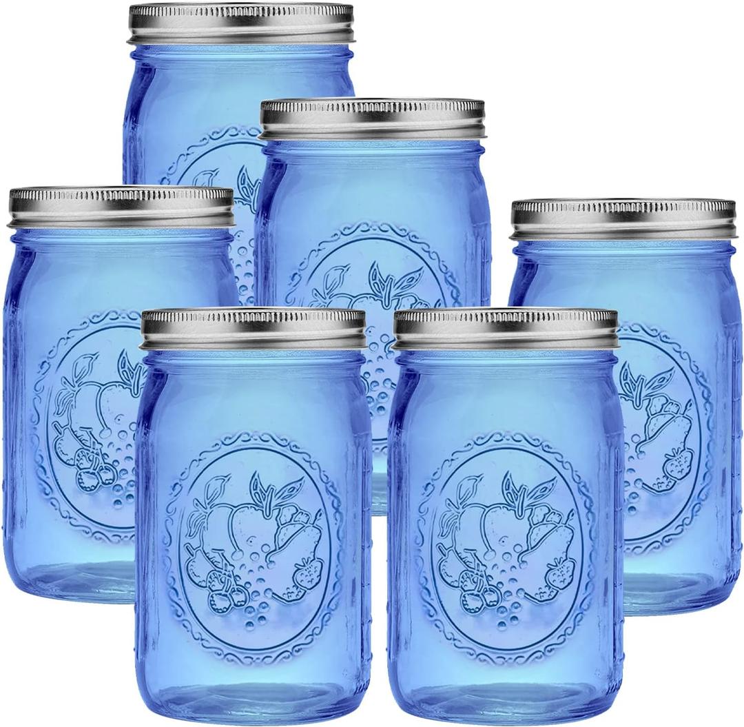 eleganttime Blue Wide Mouth Mason Jars 32 oz,6 Pack Colored Quart Glass Canning Jars with Airtight Lids for Canning,Pickling,Storage,DIY Crafts & Dcor