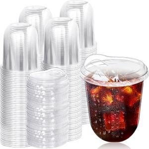 100 Pack Clear Plastic Cups with Strawless Sip Lids,12 oz Iced Coffee Cups with Lids,Disposable PET Crystal Cups,Round Bottom To Go Cup for Iced Coffee Juice Smoothie Cold Beverage