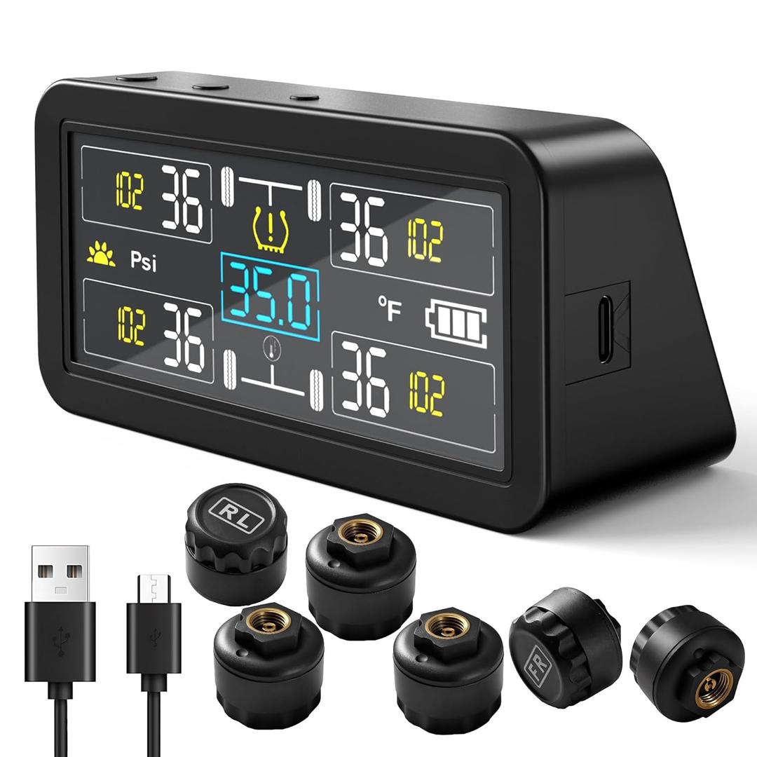 TPMS for RV & Trailer, 6 External Sensors Tire Pressure Monitoring System, 0-143 PSI High Pressure Range, Solar Powered Real-Time Monitor for Dually Truck, Camper, 5th Wheel, and Triple Axle Trailer