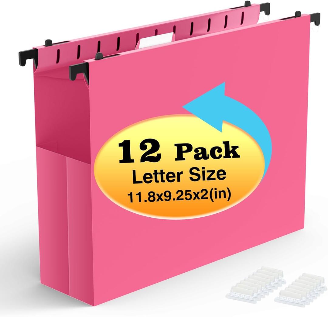 Extra Capacity Plastic Hanging File Folders,12 Pack Reinforced Expanding Hang Folder Letter Size, Accordian Pocket, Heavy Duty 2 Inch Expansion, Hard Hanging Folder Organizer for Office Home, Pink
