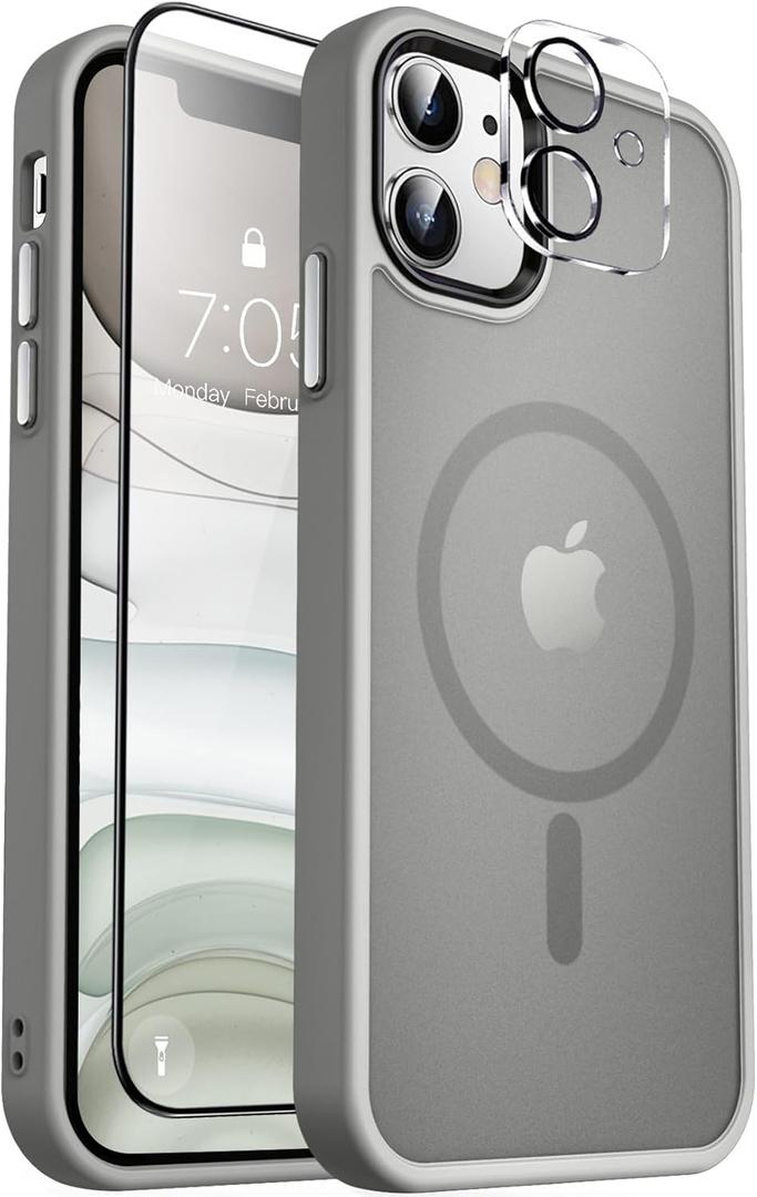 MOCCA Strong Magnetic for iPhone 11 Phone Case,Compatible with Magsafe Glass Screen Protector+Camera Lens Protector Slim Thin Shockproof Cover Case for iPhone 11 6.1 inch, Titanium Gray