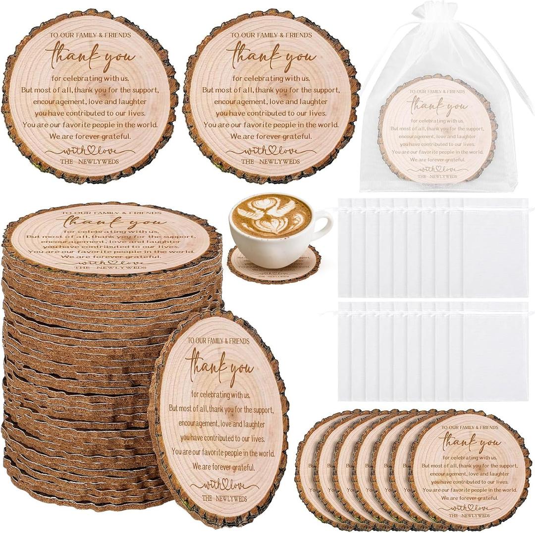Hushee 200 Pcs Wedding Favors for Guests Natural Cork Coasters Bulk with Organza Bags Rustic Wedding Favors Souvenirs Thank You for Celebrating with Us Return Gifts Bridal Shower Party Decorations,  Log Style