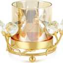 Hurricane Candle Holder, Gold Pillar with Crystal Accents & Windproof Glass Lid - Elegant Centerpiece for Weddings, Dinners, Party Decor