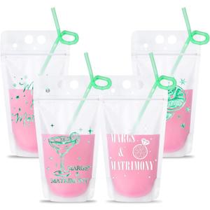 Qilery 24 Pack Margs and Matrimony Bachelorette Party Drink Pouches with Straws, Margarita Drink Bags Handheld Reclosable Zipper Pouch Cups for Bridesmaid Favor Wedding and Bridal Showers
