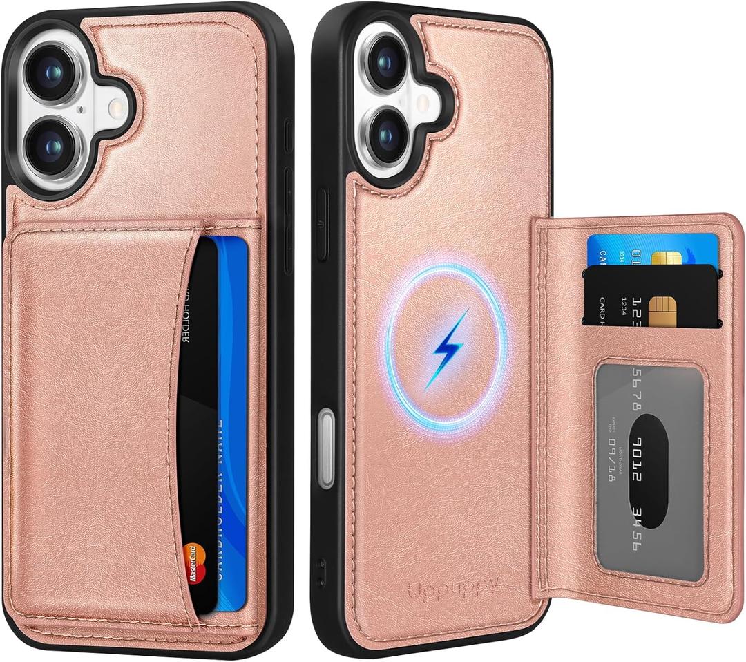 Uppuppy for iPhone 16 Wallet Case - Fits 4 Card Slots, Compatible with MagSafe for Women Aesthetic Durable PU Leather Credit Card Holder Kickstand Phone Cover for Apple 16, Rose Gold