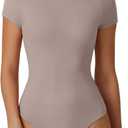 QINSEN Women's Crew Neck Short Sleeve Bodysuit Double Lined Body Suits Basic T-shirt Tops (Mocha), S