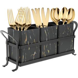 Kitchen Utensil holder for Countertop, Silverware Caddy,Golden Marble Black Flatware Holder Utensil Cutlery Organizer for Party Gatherings, Metal and Durable Design