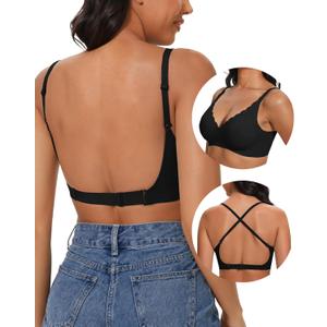 Low Back Bra - Halter Bra Backless Padded Low Cut Seamless Wave Bras Scalloped V Neck Criss-Cross Multiway Bralette (Large, Black)