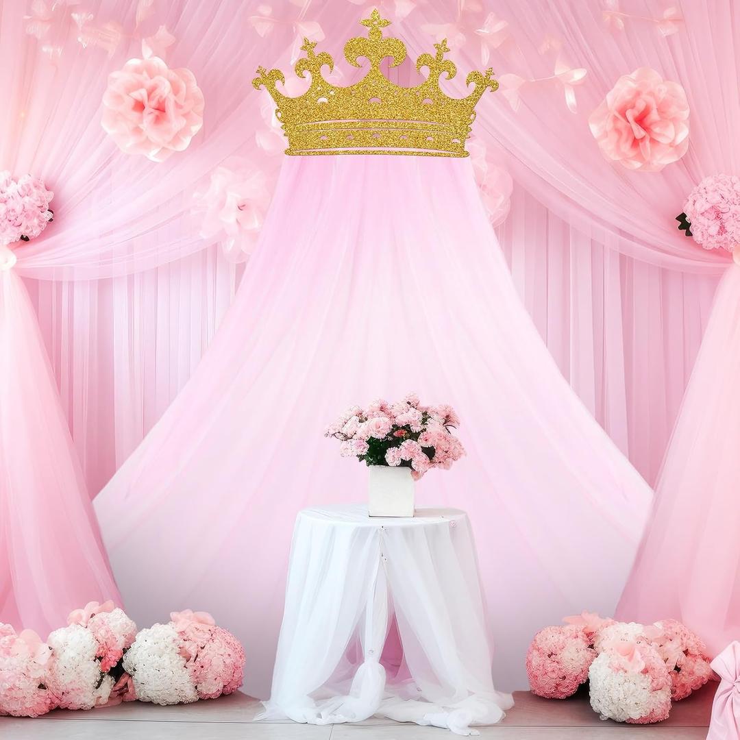 2pcs Princess Party Pink Tulle Background Curtain Decorations Set Glitter Crown Oversized 5x8 ft Pink Gauze Backdrop for Princess Birthdays Party Mothers Day Bridal Baby Showers Wedding