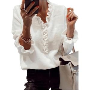 MakeMeChic Women's Long Sleeve Ruffle Sweaters V Neck Lightweight Knit Pullover Sweater Tops (Large, White)