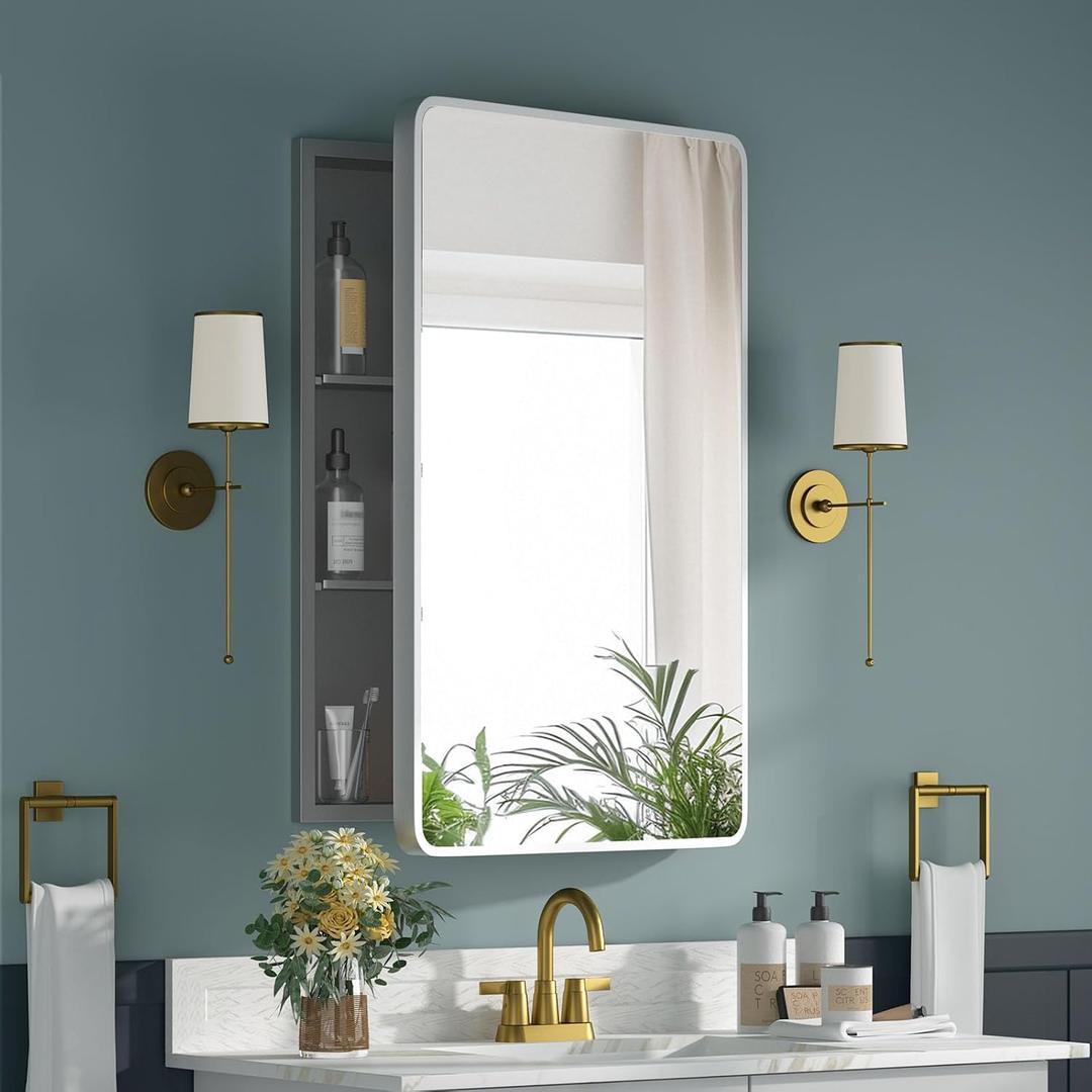 Medicine Cabinet 20 x 28 Inch, Silver Bathroom Medicine Cabinet with Mirror,Metal Beveled Mirror, Adjustable Shelves, Recessed or Wall Mount, Sturdy & Solid, Bathroom Mirror with Storage