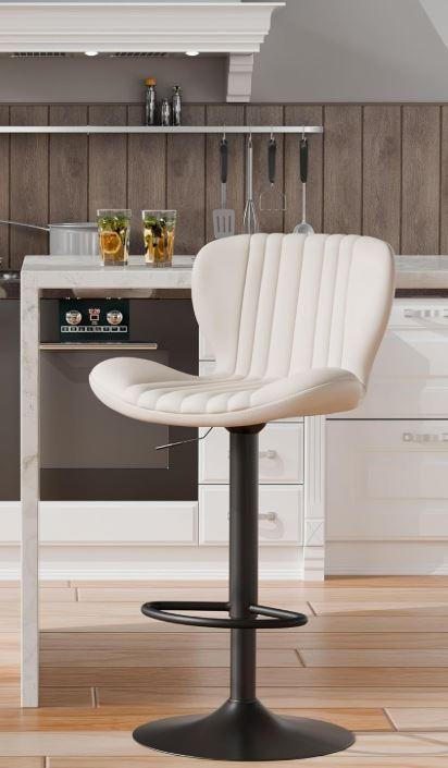 Shintenchi Bar Stool, Modern Swivel Bar Chair, Counter Height Faux Leather Metal Barstools, Upholstered Island Chair with Back and Footrest, Beige