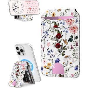 Jusy Phone Card Holder,Magnetic Phone Wallet Stand Adjustable Leather, Cute Pattern Wallet for Women Girls - Retro Flower