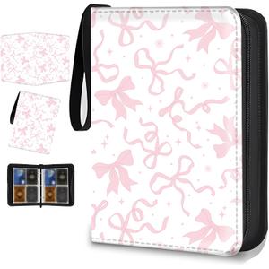 Trading Card Binder 4 Pocket, Collectible Card Album Fits 400 Cards with 50 Removable Sleeves for Girls Gifts, Cute Card Holder for Photocard, Game Cards and Sports Cards Storage (Pink Bow)