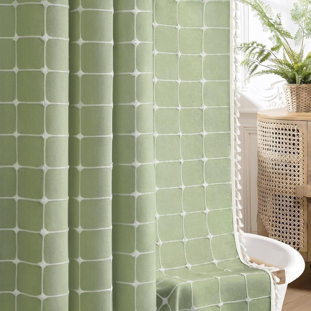 Sage Green Shower Curtain Farmhouse Cotton Texture with Embroidered Plaid Pattern and Boho Tassels for Bathroom,72" W72" L