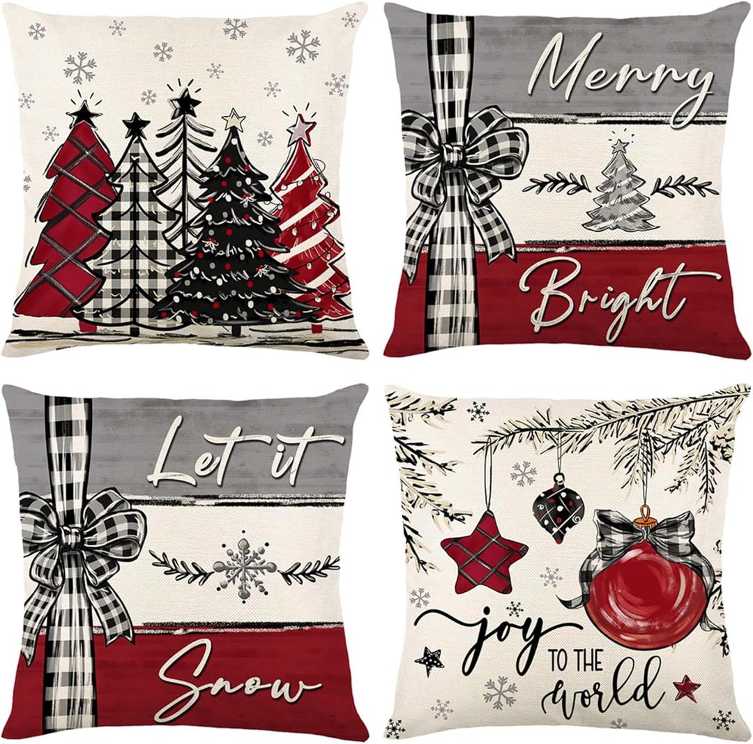 Ni-JASW Red Grey Plaid Christmas Throw Pillow Covers 18x18 inch, Farmhouse Let it Snow Tree Balls Xmas Cushion Case for Sofa Couch Set of 4