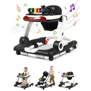 Music and Lights Baby Walker with Wheels, 6 in 1 Baby Activity Center w/Ergonomic backrest Design, Baby Walkers for Boys w/Foot Pads, Music Bouncer Walkers for Boys Girls Babies 6-18 Months, Black (A-Black)