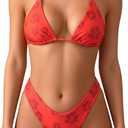 MakeMeChic Women's Polka Dots Triangle Thong Bikini Sets Floral Cute Bathing Suit Swimsuits, Coral, Small