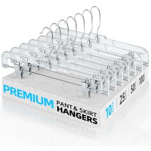 HOUSE DAY Clear Skirt Hangers with Clips, Non-Slip Plastic Pant Hanger with 2 Adjustable Clips, Upgraded Clip Hanger for Pants, Skirts, Shorts, 14" Clear Hangers 10 Pack, 360-Rotating Swivel Hook