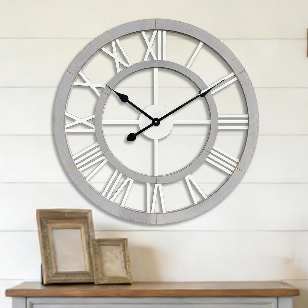 24 Inch Large Rustic Wall Clock Silent Non-Ticking Wooden Wall Clocks with Roman Numerals Farmhouse Decorative Clock for Living Room Bedroom Office (Grey, 24 Inch)