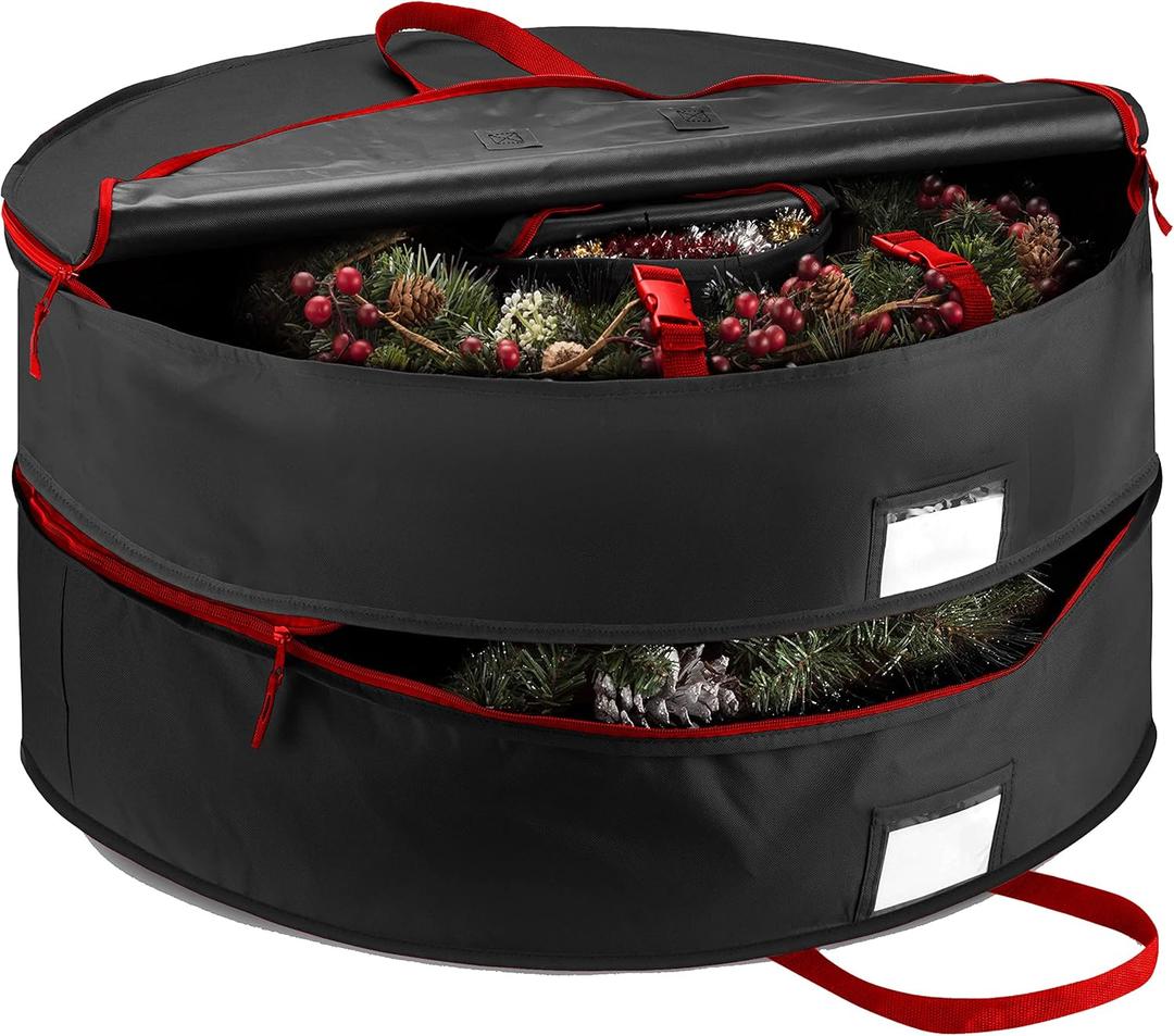 ZOBER Christmas Wreath Storage Container 30 Inch - Wreath Bag Fits 2 Wreaths Box - 600D Oxford Fabric - Interior Compartment for Storing Garlands, Wreaths Storage Bag W Strong Durable Handles - Black