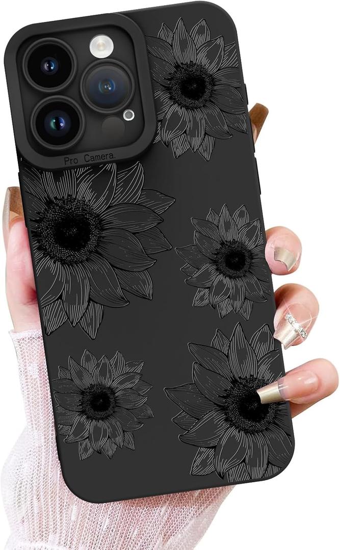 OOK Floral case for iPhone 15 Pro Max Case, Cute Sunflower Floral Blooms Design Soft TPU Shockproof Protective for Women Girls Slim Phone Cover - Black Flower