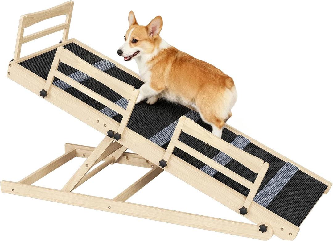 HOOBRO Dog Ramp for Bed, 47.2" Long Foldable Pet Ramp with Non-Slip Mat and Side Rails, Wooden Dog Ramp for High Beds, Couch and Car, 5 Height Adjustable from 15.6" to 25.2", Natural, NB42PT03