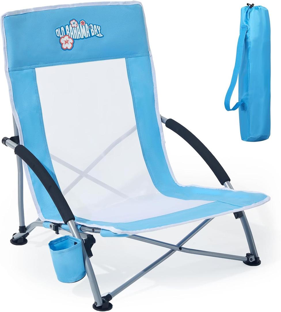 Old Bahama Bay Ergonomic Low Beach Chair for Back Support Heavy Duty 350lbs Folding Sand Chair with Breathable Mesh, Cup Holder & Carry Bag Lightweight Portable Seat for Beach, Camping, Concerts