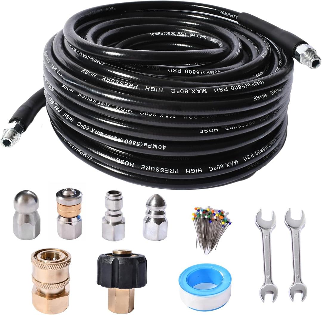 Sewer Jetter Kit for Pressure Washer 4000 PSI Drain Cleaner Hose 1/4 Female NPT,Button Nose,Pressure Washer Adapter,Button Hose Sewer Jetting Nozzle Pearl Corsage Pin Waterproof Tape with 2 Spanner