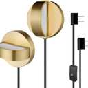 Globe Electric 51849 LED Integrated Plug-in or Hardwire Wall Sconce 2-Pack, Matte Brass, 350 Degree Rotation, 16 W, 200 Lumens, 3000 Kelvin, Lights for Bedroom Plug in