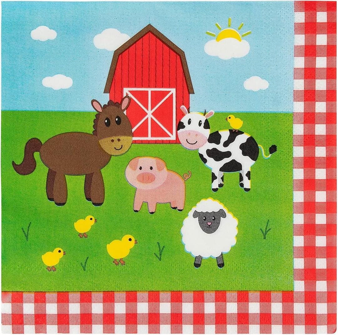 BLUE PANDA Farm Animal Design Disposable Paper Napkins for Cocktail, Luncheon & Kids' Birthday Parties - 2-Ply, Unfolded 13 x 13 in, Folded 6.5 x 6.5 in Pack of 150 Farm Animal Birthday Napkins