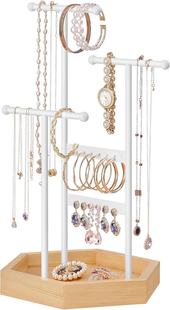 SONGMICS Jewelry Holder, Jewelry Organizer, 3 Tiers and 1 Tray, Jewelry Display Stand with Metal Frame, Necklace Earring Bracelet Holder, for Rings, Matte White and Natural Beige UJJS03NW 