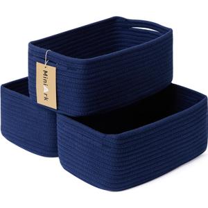 MiniArk Small Storage Baskets for Organizing | Closet Organizer Bins | Shelf Toy Basket | Woven Rope Baskets | Cube Decorative Box | Shallow Basket | 13x8.5x5.1 | 3 Packs Navy Blue
