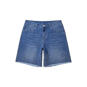 Verdusa Men's Rhinestone Jean Shorts Straight Leg Jorts Denim Shorts with Pockets Blue 26