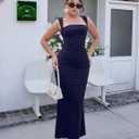 Women's Elegant Sleeveless Square Neck Bodycon Ruched Long Evening Party Dress (Blue)