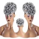 Gray Afro Puff Drawstring Ponytail with Curly Hair Pieces Clip in Bangs Short Ponytail Hair Extensions drawstring ponytail for Black Women, T1B/Gray