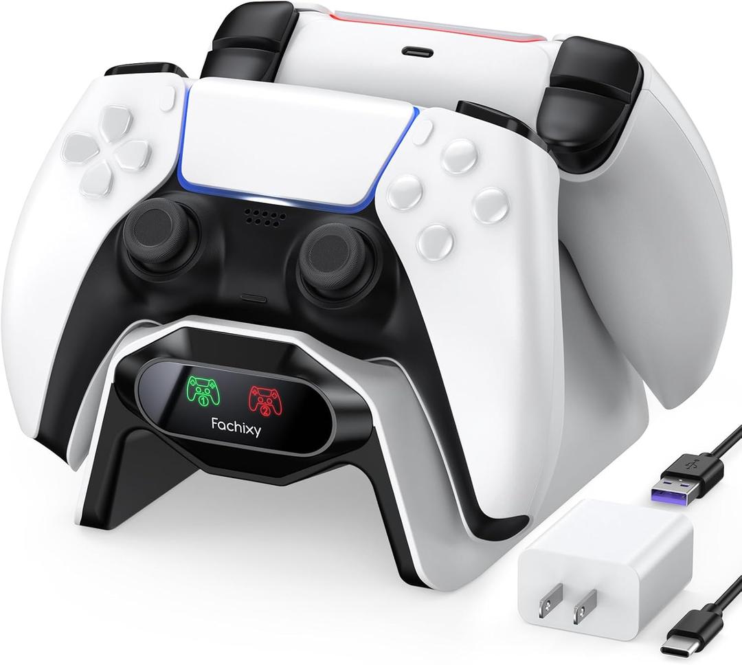 Fachixy PS5 Controller Charger, with 2-Hour Fast Charging chip, PS5 Charging Station with US Power Adapter and Cable, White (Pro)